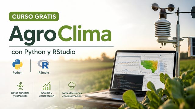 Curso gratis AgroClima con Python y RStudio: estación meteorológica en un cultivo junto a un portátil con mapas y series climáticas