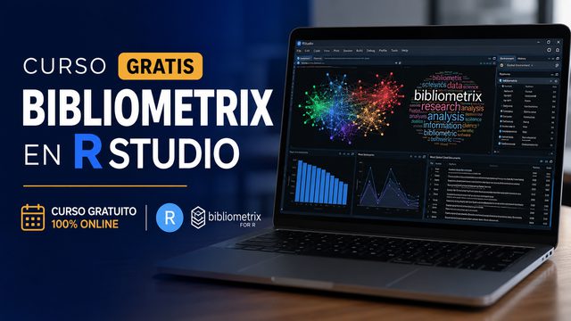 Curso gratis Bibliometrix en RStudio: portátil con RStudio mostrando una red de coautoría y una nube de palabras