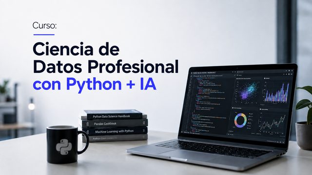 Curso Ciencia de Datos Profesional con Python + IA: portátil con código Python y un panel de gráficos junto a libros de ciencia de datos