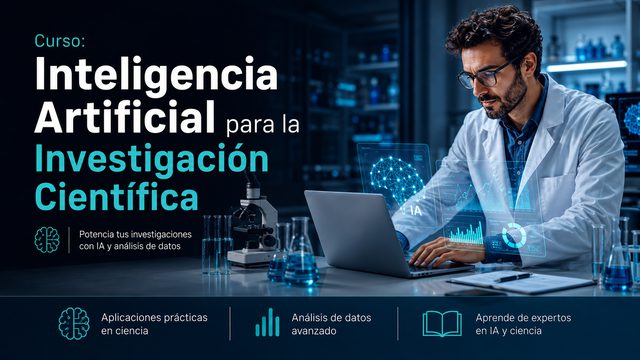 Curso Inteligencia Artificial para la Investigación Científica: investigador en bata frente a un portátil con una interfaz holográfica de IA en un laboratorio