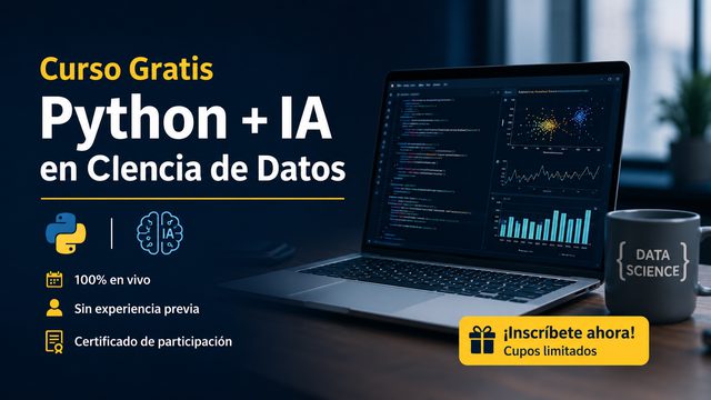 Curso gratis Python + IA en Ciencia de Datos: portátil con código Python y un panel de gráficos analíticos