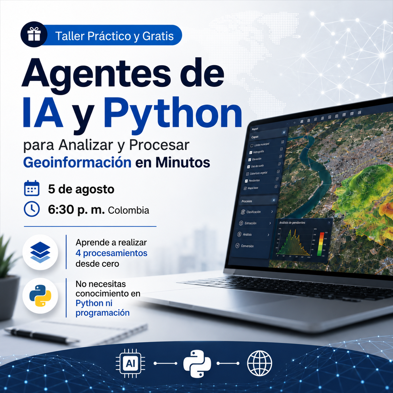 Afiche del evento Agentes de IA + Python para Geoinformación